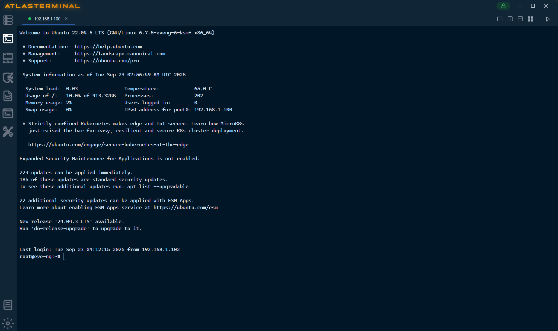 Atlas Terminal workspace with multiple sessions